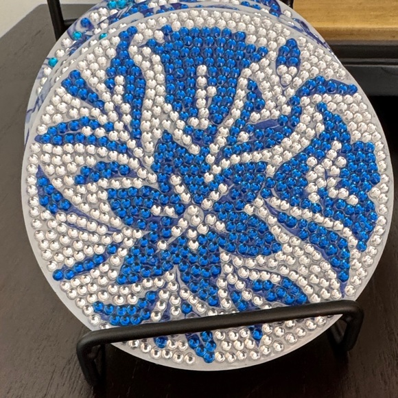 Handcrafted Blue Floral Diamond Art Acrylic Coasters - Set of 4 - Picture 2 of 6